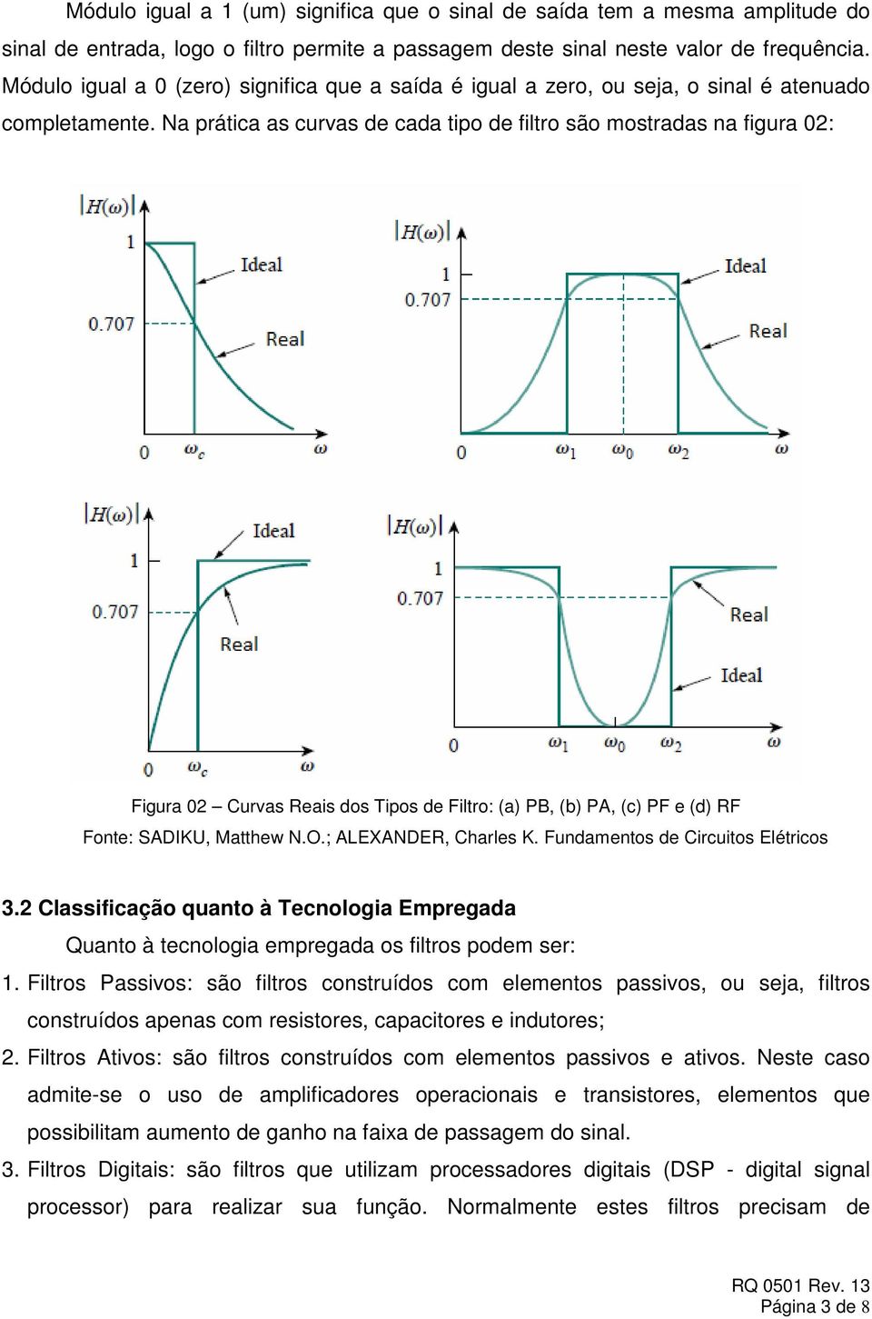 Na prática as curvas de cada tipo de filtro são mostradas na figura 02: Figura 02 urvas Reais dos Tipos de Filtro: (a) PB, (b) PA, (c) PF e (d) RF Fonte: SADIKU, Matthew N.O.; ALEXANDER, harles K.