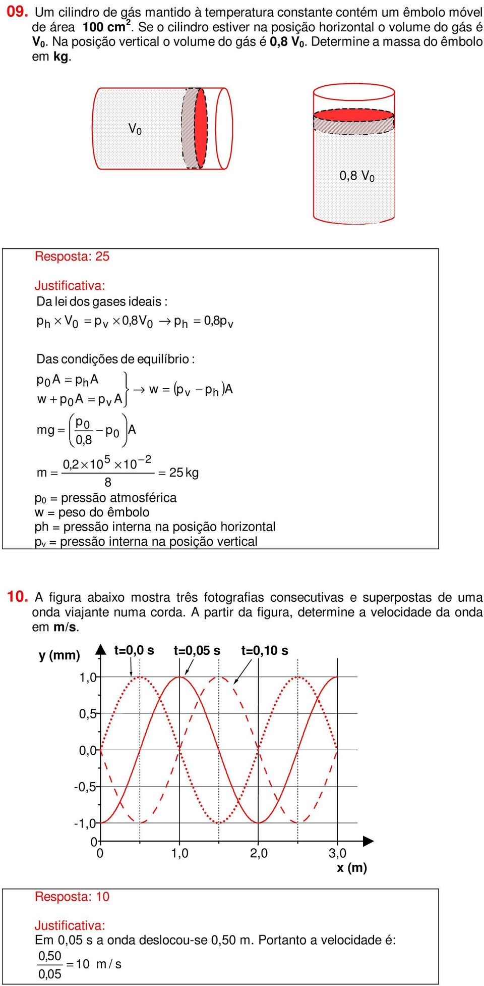 V,8 V Resposta: 5 Da lei dos gases ideais : ph V = pv,8v ph =,8p v Das condições de equilíbrio : p = ph w = v w + p = pv p mg = p,8 ( p p ) h 5, 1 1 m = = 5 kg 8 p = pressão atmosférica w = peso do