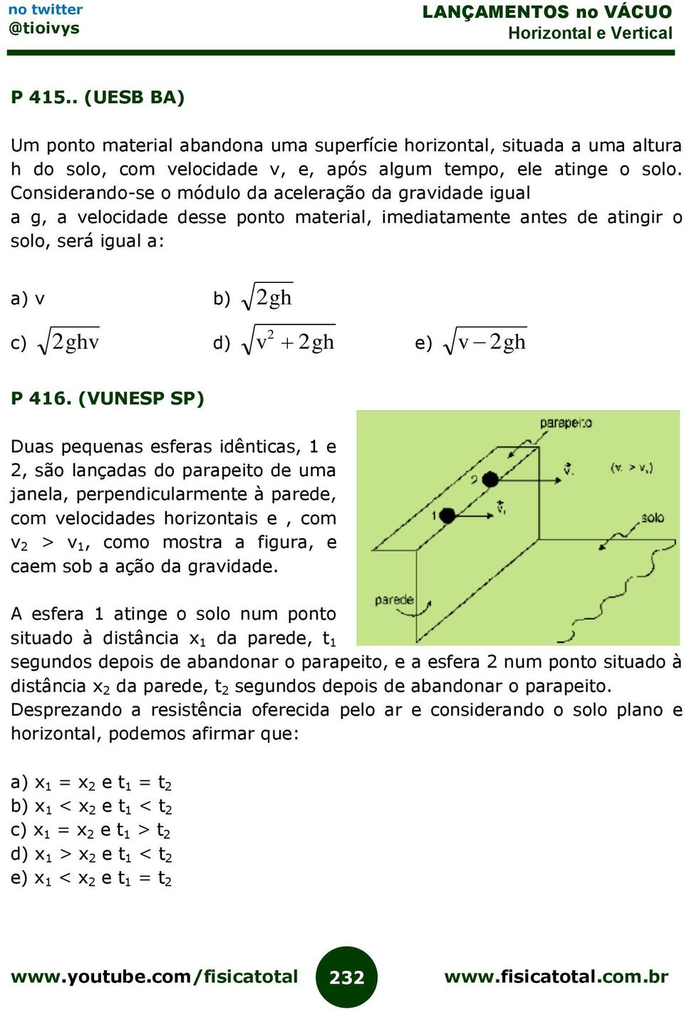 (VUNESP SP) Duas pequenas esferas idênticas, 1 e 2, são lançadas do parapeito de uma janela, perpendicularmente à parede, com velocidades horizontais e, com v 2 > v 1, como mostra a figura, e caem