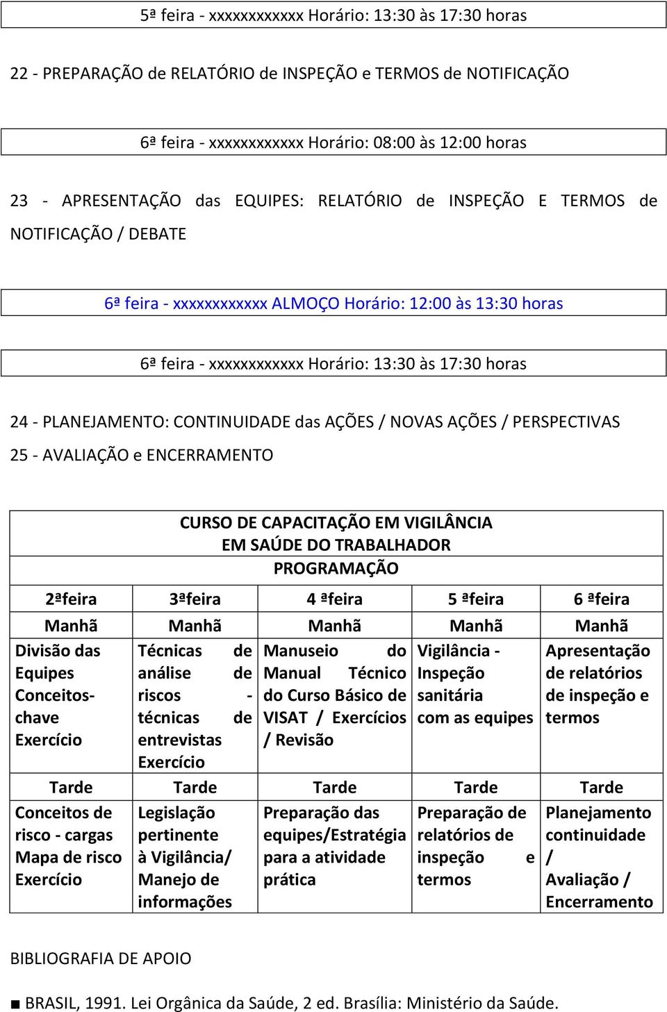 CONTINUIDADE das AÇÕES / NOVAS AÇÕES / PERSPECTIVAS 25 - AVALIAÇÃO e ENCERRAMENTO CURSO DE CAPACITAÇÃO EM VIGILÂNCIA EM SAÚDE DO TRABALHADOR PROGRAMAÇÃO 2ªfeira 3ªfeira 4 ªfeira 5 ªfeira 6 ªfeira