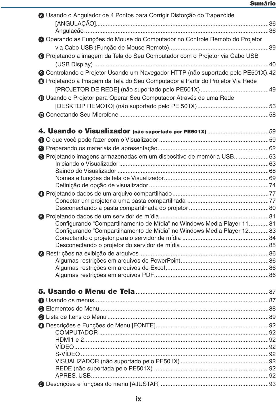 ..39 ❽ Projetando a imagem da Tela do Seu Computador com o Projetor via Cabo USB (USB Display)...40 ❾ Controlando o Projetor Usando um Navegador HTTP (não suportado pelo PE501X).