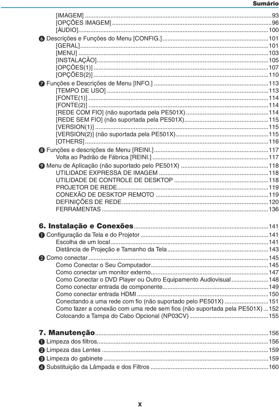 ..115 [VERSION(1)]...115 [VERSION(2)] (não suportada pela PE501X)...115 [OTHERS]...116 ❽ Funções e descrições de Menu [REINI.]...117 Volta ao Padrão de Fábrica [REINI.]...117 ❾ Menu de Aplicação (não suportado pelo PE501X).