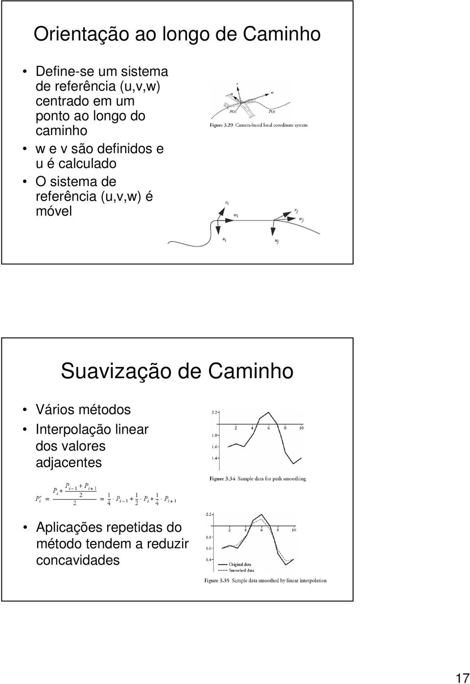 referência (u,v,w) é móvel Suavização de Caminho Vários métodos Interpolação linear