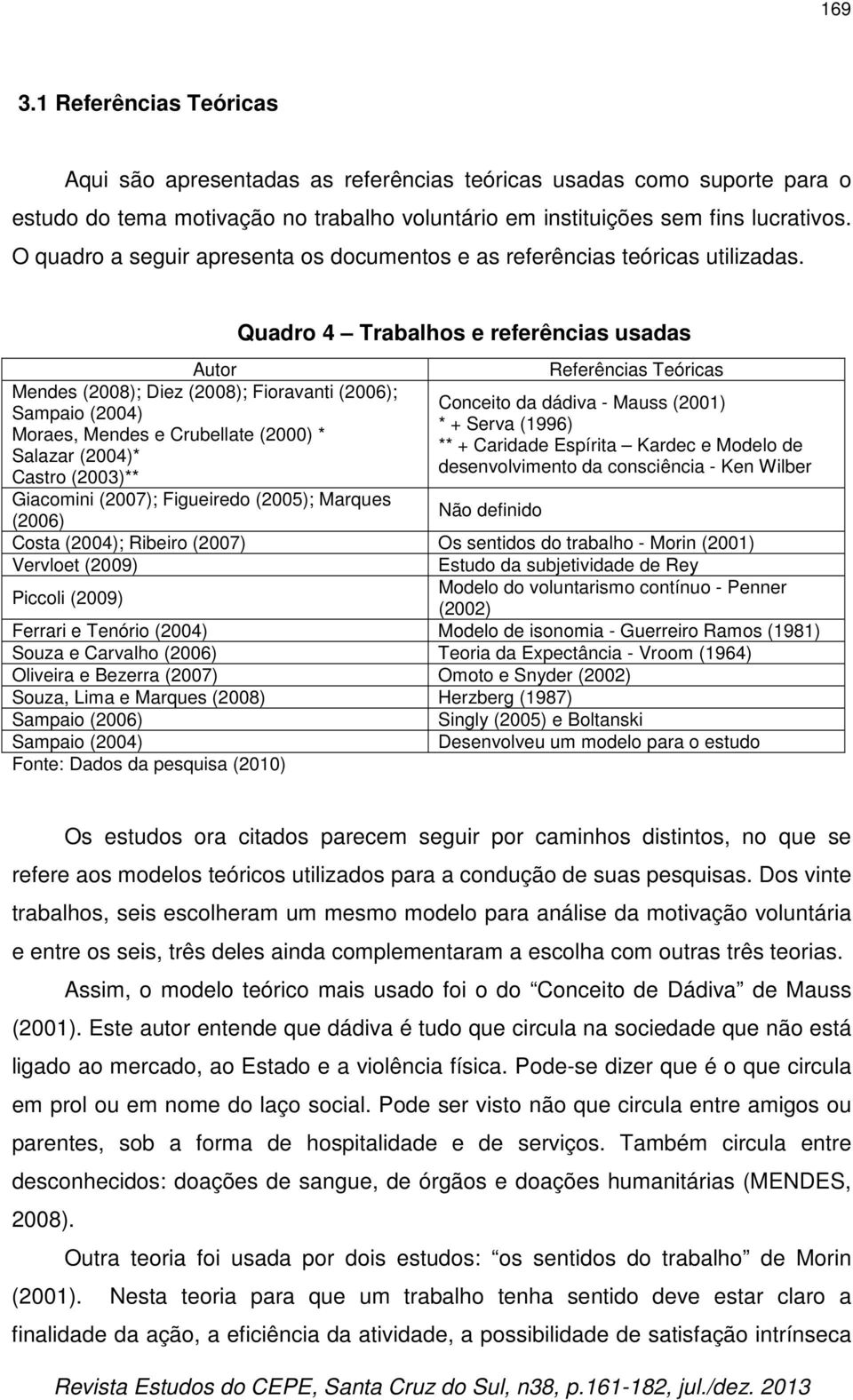 Quadro 4 Trabalhos e referências usadas Autor Referências Teóricas Mendes (2008); Diez (2008); Fioravanti (2006); Conceito da dádiva - Mauss (2001) Sampaio (2004) * + Serva (1996) Moraes, Mendes e