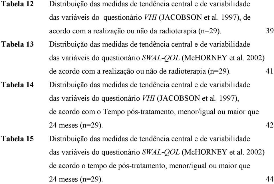 2002) de acordo com a realização ou não de radioterapia (n=29). 41 Distribuição das medidas de tendência central e de variabilidade das variáveis do questionário VHI (JACOBSON et al.