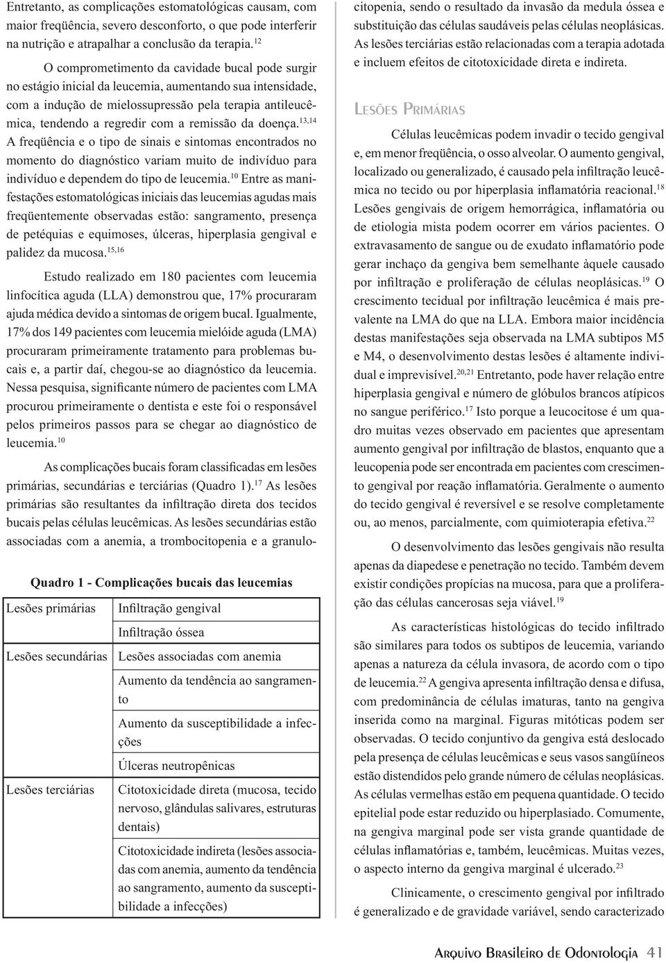 remissão da doença. 13,14 A freqüência e o tipo de sinais e sintomas encontrados no momento do diagnóstico variam muito de indivíduo para indivíduo e dependem do tipo de leucemia.