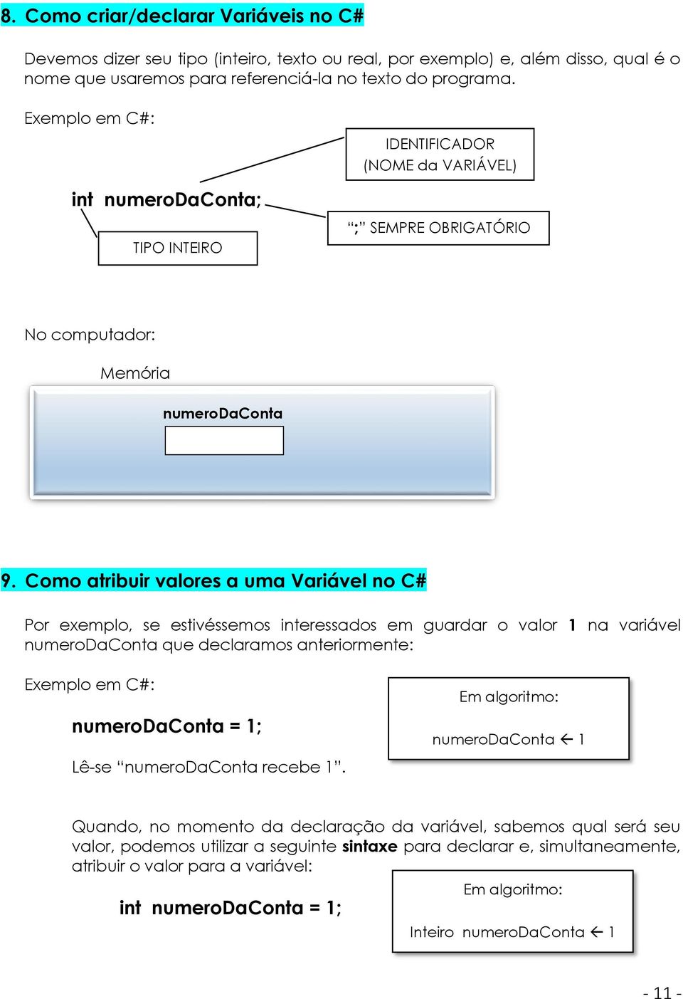 Como atribuir valores a uma Variável no C# Por exemplo, se estivéssemos interessados em guardar o valor 1 na variável numerodaconta que declaramos anteriormente: Exemplo em C#: numerodaconta = 1;