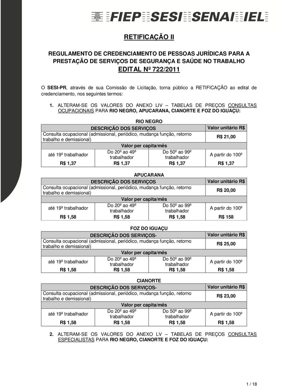 ALTERAM-SE OS VALORES DO ANEXO LIV TABELAS DE PREÇOS CONSULTAS OCUPACIONAIS PARA,, CIANORTE E : DESCRIÇÃO DOS SERVIÇOS Valor unitário R$ Consulta ocupacional (admissional, periódico, mudança função,