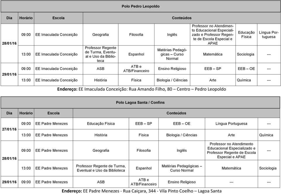 Lagoa Santa / Confins EE Padre Menezes Educação Física EEB SP EEB OE Língua Portuguesa EE Padre Menezes História Física Biologia / Ciências Arte Química EE Padre Menezes Educacional