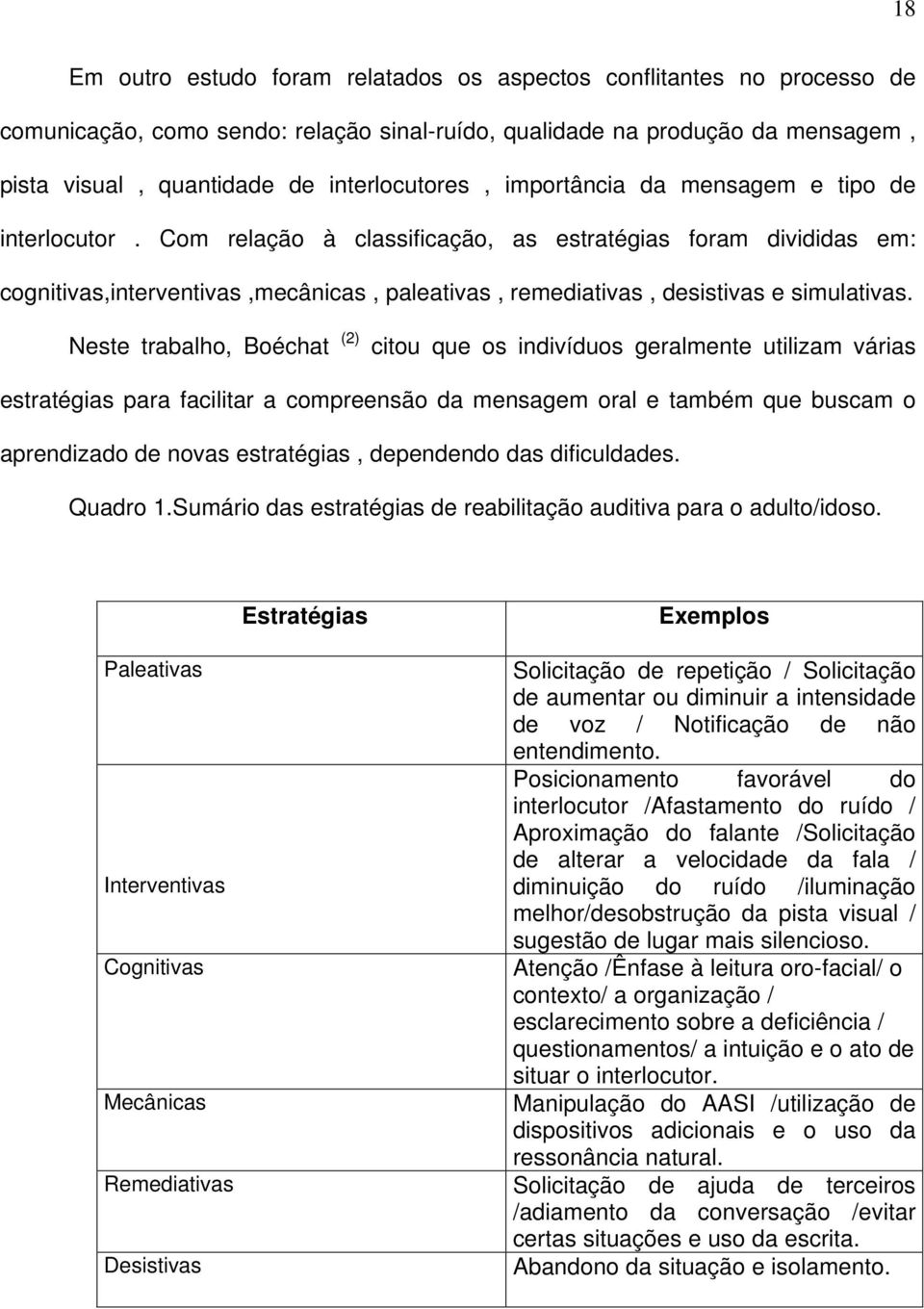 Neste trabalho, Boéchat (2) citou que os indivíduos geralmente utilizam várias estratégias para facilitar a compreensão da mensagem oral e também que buscam o aprendizado de novas estratégias,