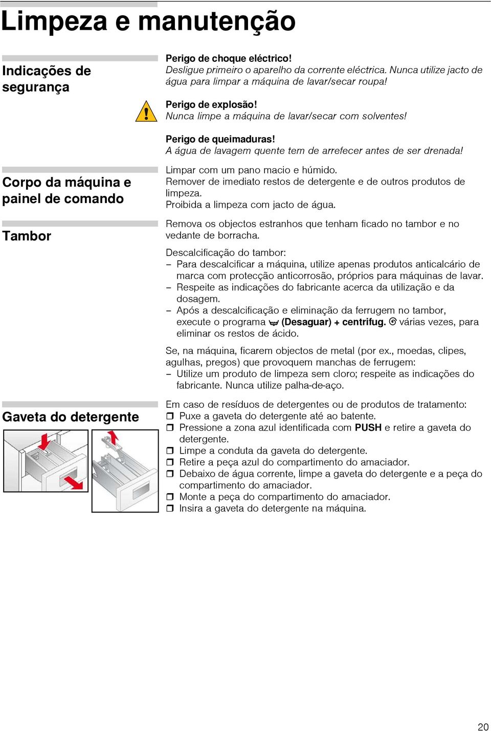 Corpo da máquina e painel de comando Tambor Gaveta do detergente Limpar com um pano macio e húmido. Remover de imediato restos de detergente e de outros produtos de limpeza.