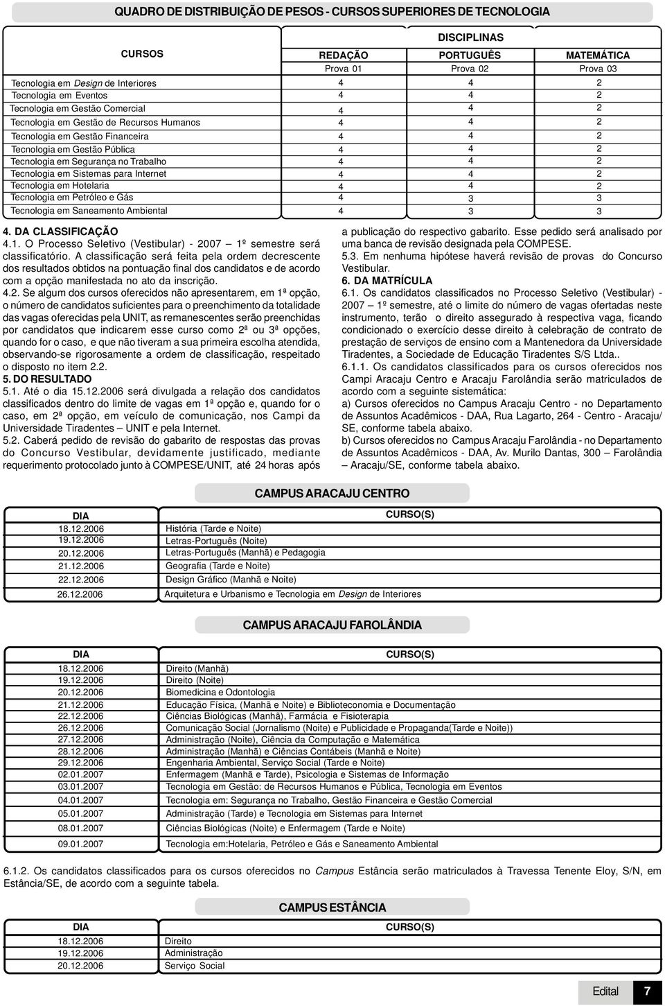 Tecnologia em Saneamento Ambiental DISCIPLINAS REDAÇÃO PORTUGUÊS MATEMÁTICA Prova 01 Prova 02 Prova 03 2 2 2 2 2 2 2 2 3 3 2 3 3. DA CLASSIFICAÇÃO.1. O Processo Seletivo (Vestibular) - 2007 1º semestre será classificatório.