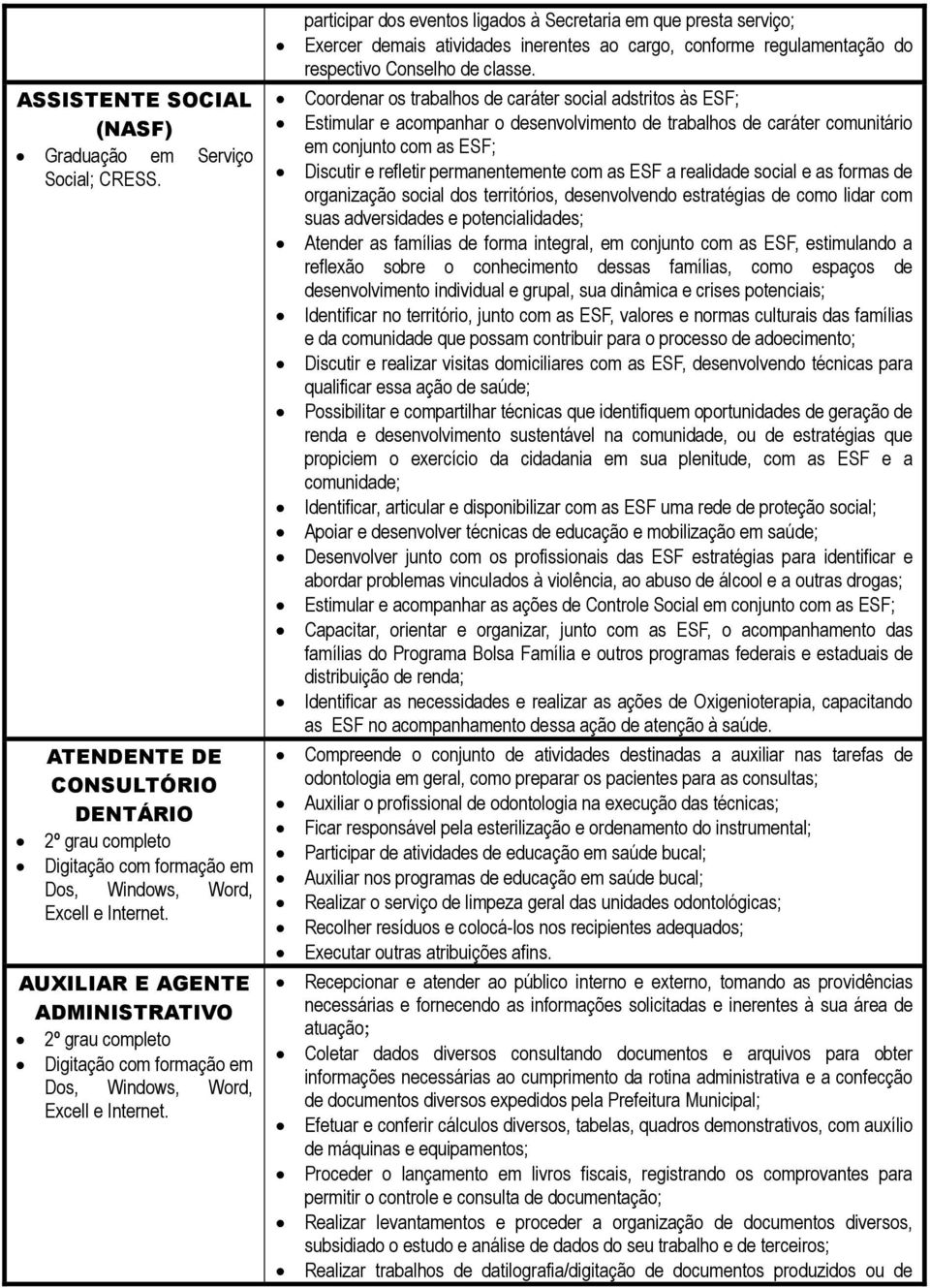 participar dos eventos ligados à Secretaria em que presta serviço; Exercer demais atividades inerentes ao cargo, conforme regulamentação do respectivo Conselho de classe.