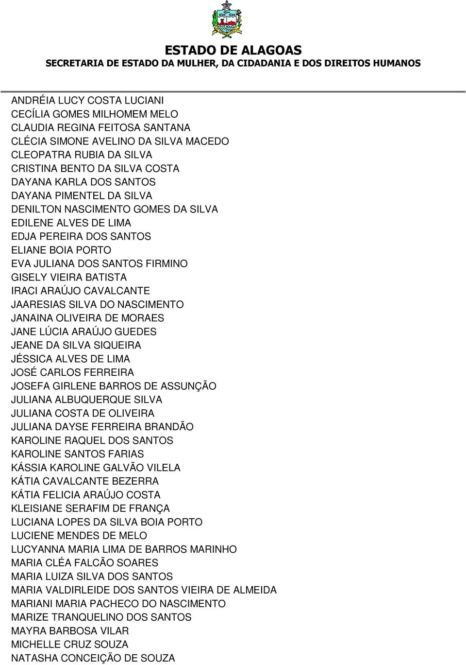 CAVALCANTE JAARESIAS SILVA DO NASCIMENTO JANAINA OLIVEIRA DE MORAES JANE LÚCIA ARAÚJO GUEDES JEANE DA SILVA SIQUEIRA JÉSSICA ALVES DE LIMA JOSÉ CARLOS FERREIRA JOSEFA GIRLENE BARROS DE ASSUNÇÃO