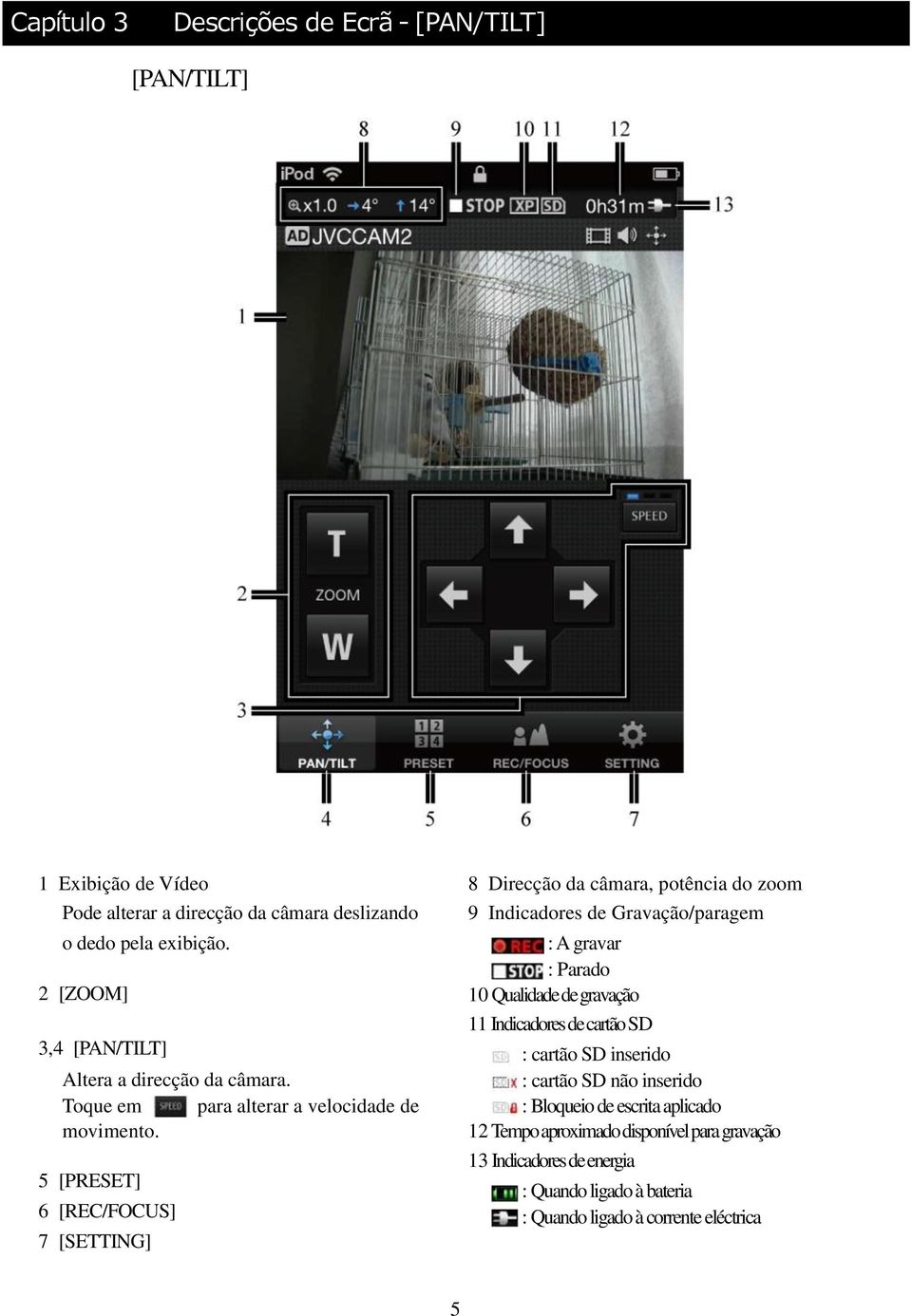 5 [PRESET] 6 [REC/FOCUS] 7 [SETTING] 8 Direcção da câmara, potência do zoom 9 Indicadores de Gravação/paragem : A gravar : Parado 10 Qualidade de gravação 11