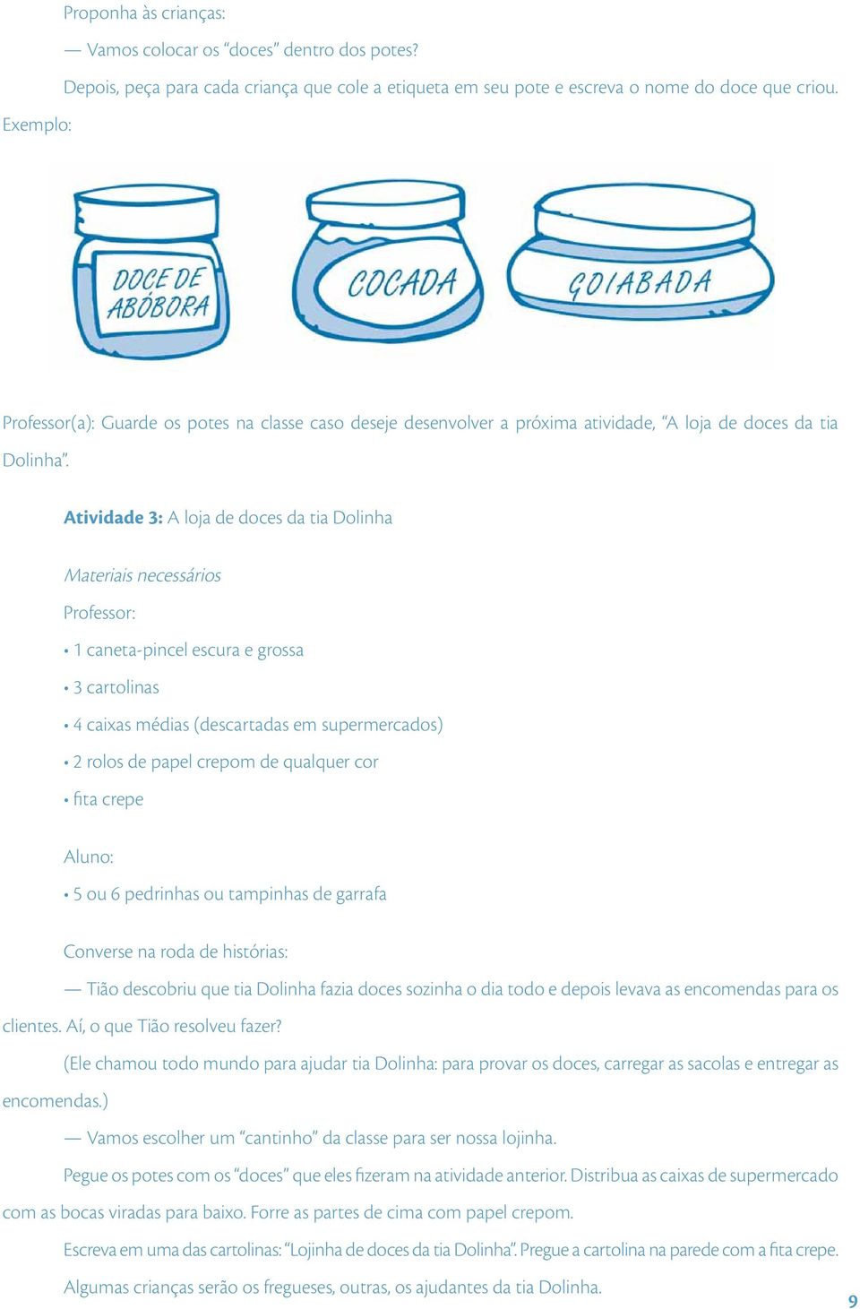 Atividade 3: A loja de doces da tia Dolinha Materiais necessários Professor: 1 caneta-pincel escura e grossa 3 cartolinas 4 caixas médias (descartadas em supermercados) 2 rolos de papel crepom de