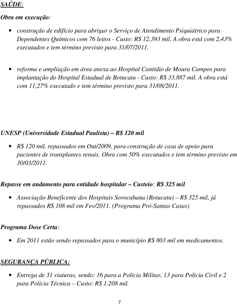 reforma e ampliação em área anexa ao Hospital Cantídio de Moura Campos para implantação do Hospital Estadual de Botucatu - Custo: R$ 33.887 mil.