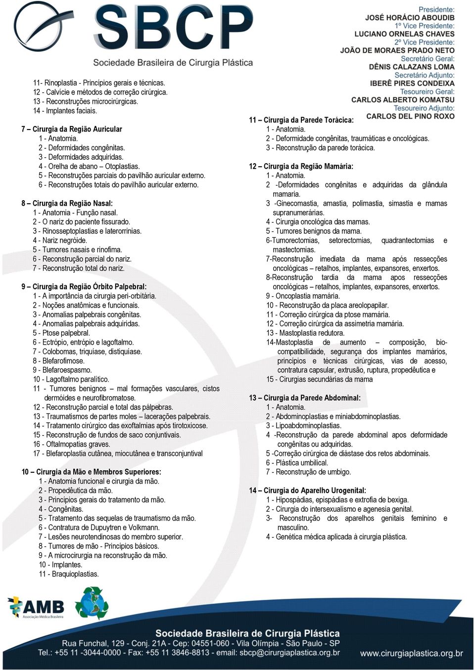 6 - Reconstruções totais do pavilhão auricular externo. 8 Cirurgia da Região Nasal: 1 - Anatomia - Função nasal. 2 - O nariz do paciente fissurado. 3 - Rinosseptoplastias e laterorrinias.