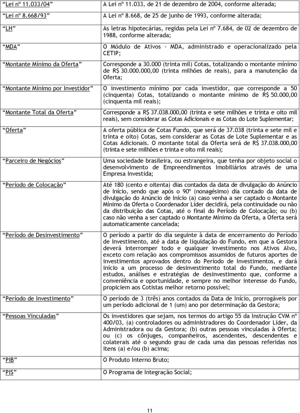 684, de 02 de dezembro de 1988, conforme alterada; O Módulo de Ativos MDA, administrado e operacionalizado pela CETIP; Corresponde a 30.000 (trinta mil) Cotas, totalizando o montante mínimo de R$ 30.