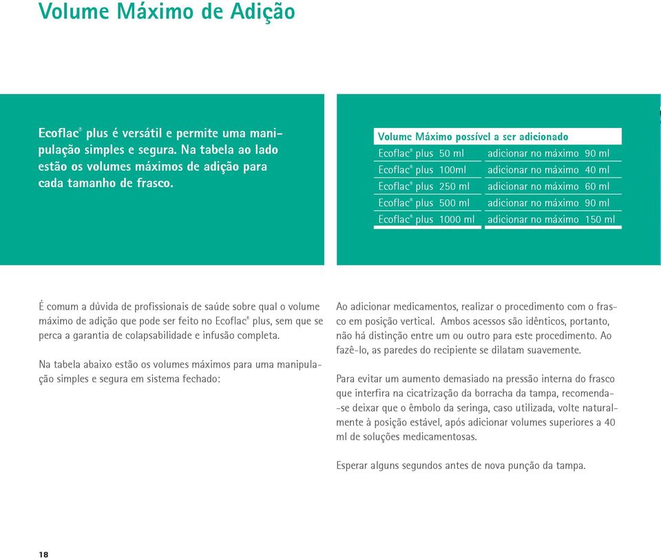 adicionar no máximo 90 ml Ecoflac plus 1000 ml adicionar no máximo 150 ml É comum a dúvida de profissionais de saúde sobre qual o volume máximo de adição que pode ser feito no Ecoflac plus, sem que