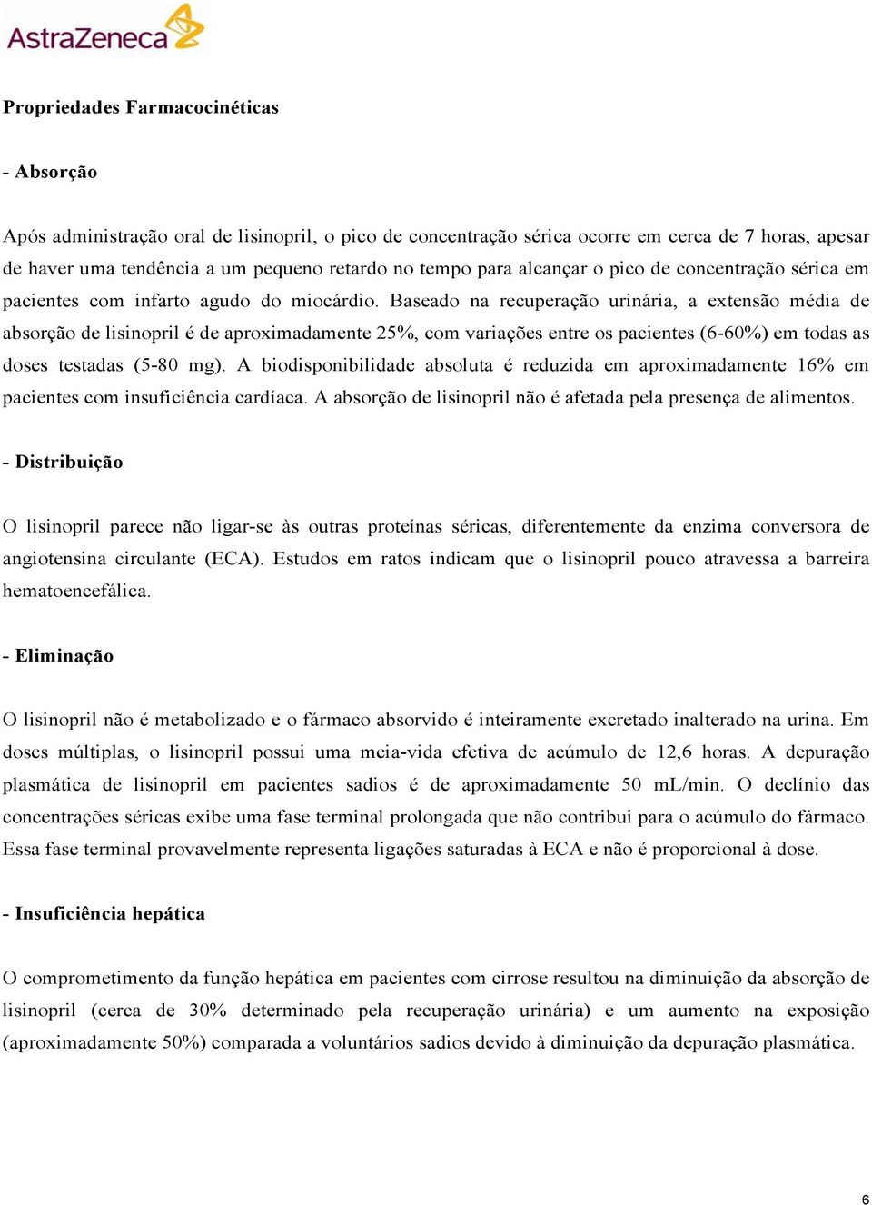 Baseado na recuperação urinária, a extensão média de absorção de lisinopril é de aproximadamente 25%, com variações entre os pacientes (6-60%) em todas as doses testadas (5-80 mg).