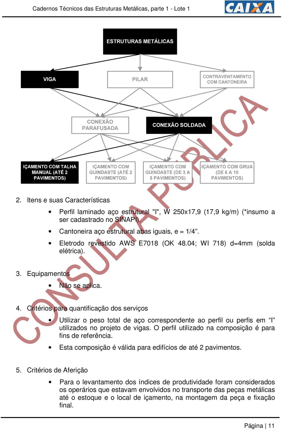 Critérios para quantificação dos serviços Utilizar o peso total de aço correspondente ao perfil ou perfis em I utilizados no projeto de vigas.