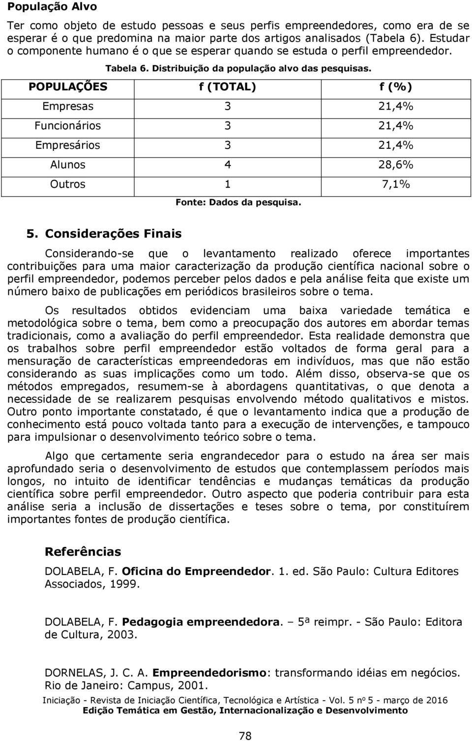 POPULAÇÕES f (TOTAL) f (%) Empresas 3 21,4% Funcionários 3 21,4% Empresários 3 21,4% Alunos 4 28,6% Outros 1 7,1% 5.