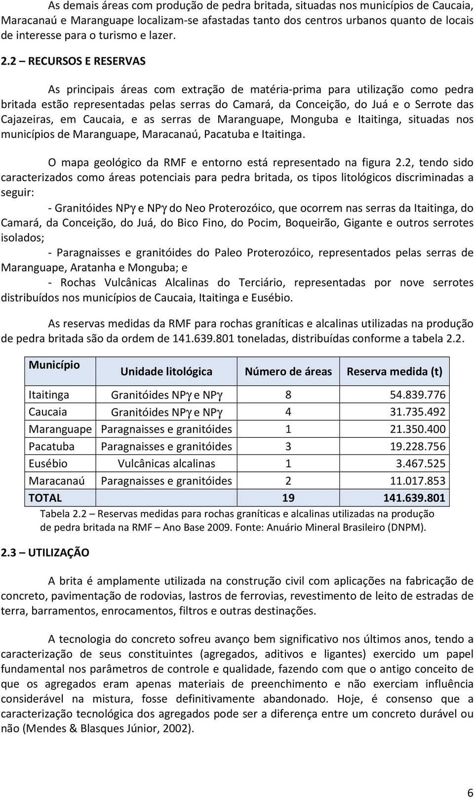 2 RECURSOS E RESERVAS As principais áreas com extração de matéria-prima para utilização como pedra britada estão representadas pelas serras do Camará, da Conceição, do Juá e o Serrote das Cajazeiras,