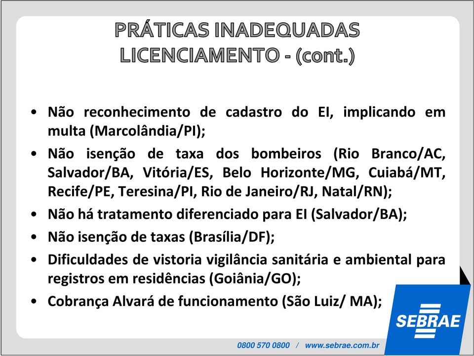 Natal/RN); Não há tratamento diferenciado para EI(Salvador/BA); Não isenção de taxas(brasília/df); Dificuldades de