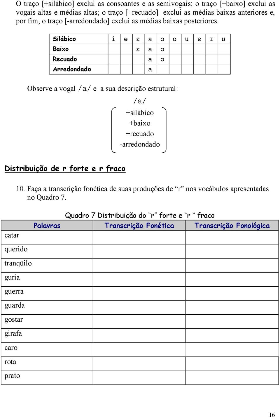 Silábico Baixo Recuado Arredondado i e a o u a a a Observe a vogal /a/ e a sua descrição estrutural: /a/ +silábico +baixo +recuado -arredondado Distribuição de r forte e r