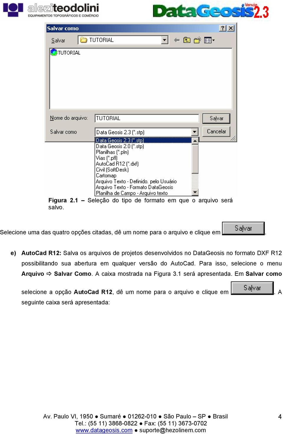 e) AutoCad R12: Salva os arquivos de projetos desenvolvidos no DataGeosis no formato DXF R12 possibilitando sua abertura em