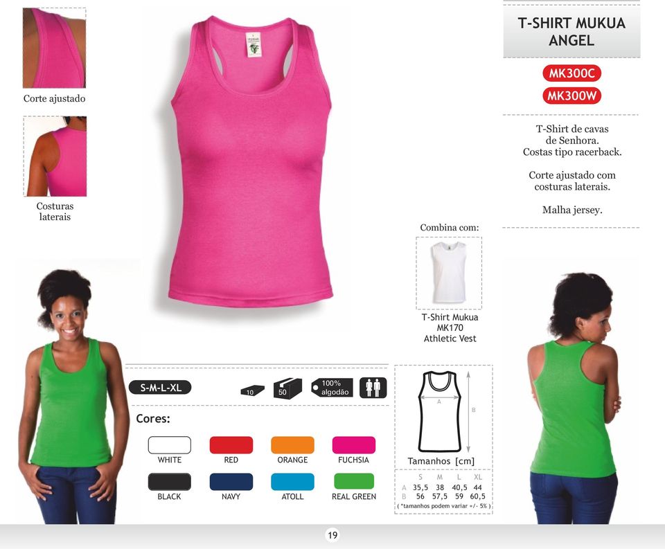 T-Shirt Mukua MK170 Athletic Vest S-M-L-XL 10 50 100% algodão Cores: WHITE RED ORANGE FUCHSIA