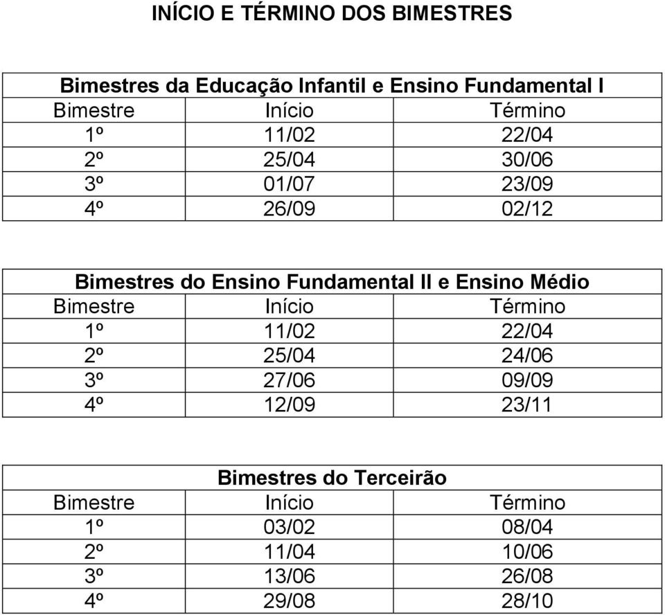 e Ensino Médio Bimestre Início Término 1º 11/02 22/04 2º 25/04 24/06 3º 27/06 09/09 4º 12/09 23/11