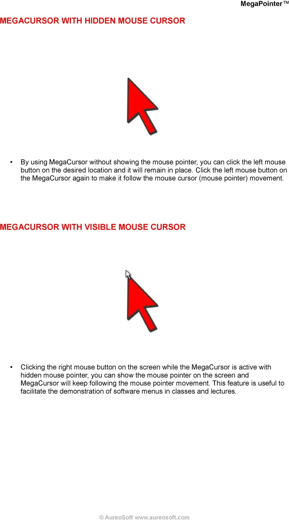 MEGACURSOR WITH VISIBLE MOUSE CURSOR Clicking the right mouse button on the screen while the MegaCursor is active with hidden mouse pointer, you can show the