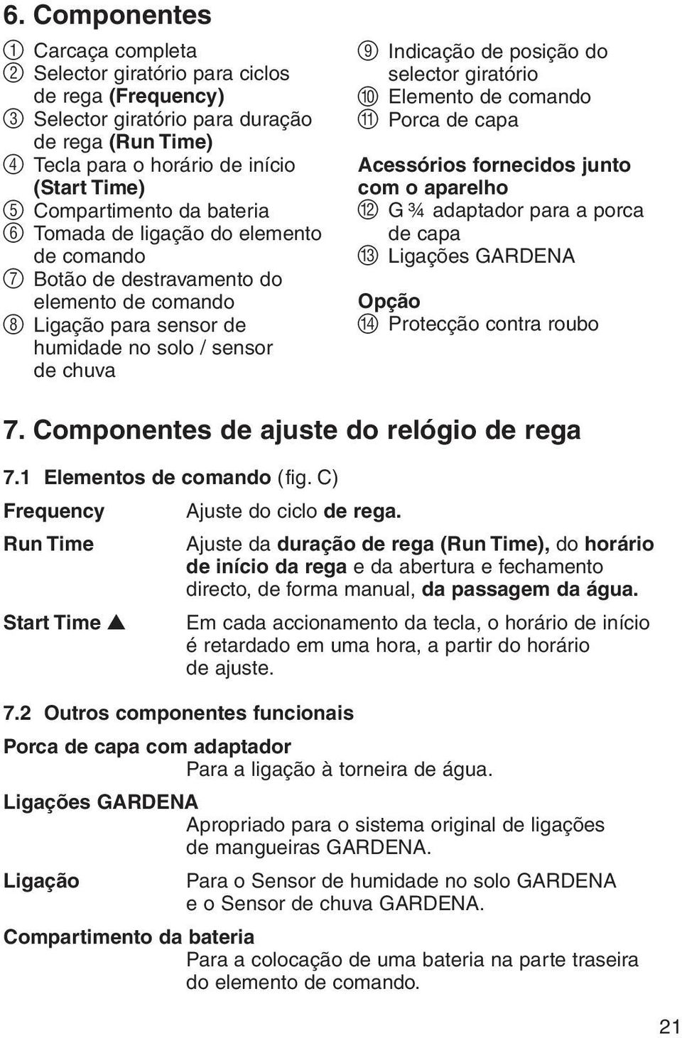 do selector giratório 0 Elemento de comando A Porca de capa Acessórios fornecidos junto com o aparelho B G ¾ adaptador para a porca de capa C Ligações GARDENA Opção D Protecção contra roubo 7.