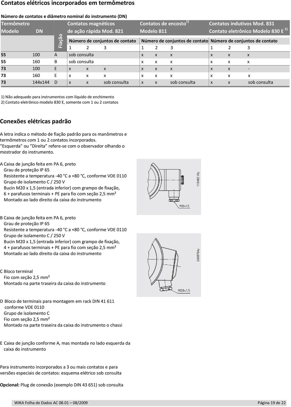 831 Contato eletrônico Modelo 830 E 2) Número de conjuntos de contato Número de conjuntos de contato Número de conjuntos de contato 1 2 3 1 2 3 1 2 3 55 100 A sob consulta x x x x x x 55 160 B sob