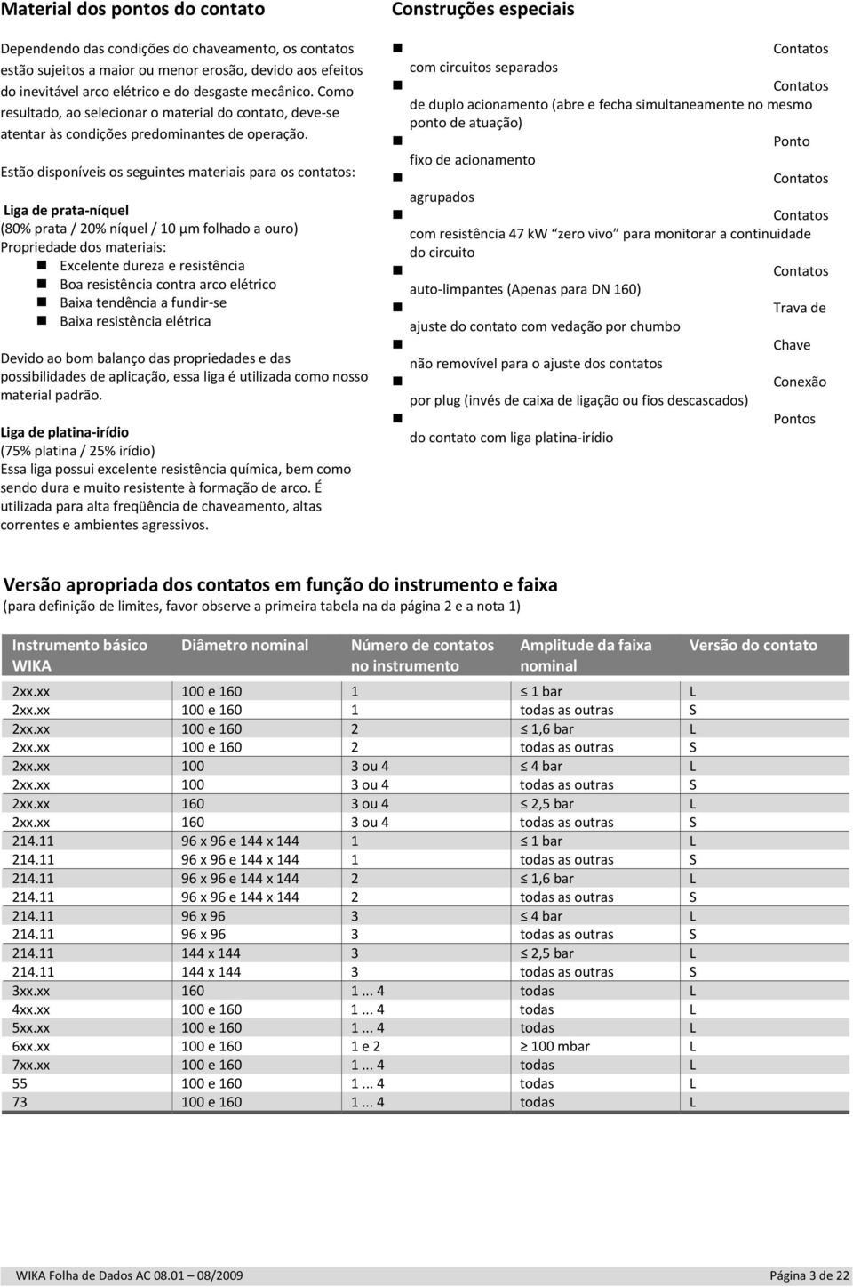 Estão disponíveis os seguintes materiais para os contatos: Liga de prata níquel (80% prata / 20% níquel / 10 μm folhado a ouro) Propriedade dos materiais: Excelente dureza e resistência Boa