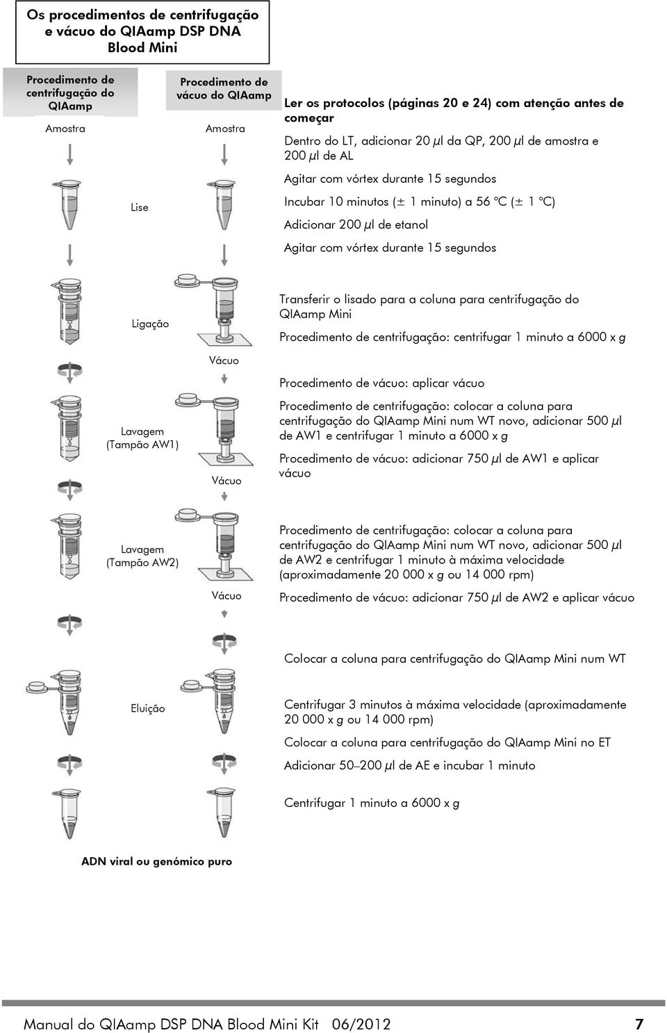 μl de etanol Agitar com vórtex durante 15 segundos Ligação Vácuo Transferir o lisado para a coluna para centrifugação do QIAamp Mini Procedimento de centrifugação: centrifugar 1 minuto a 6000 x g