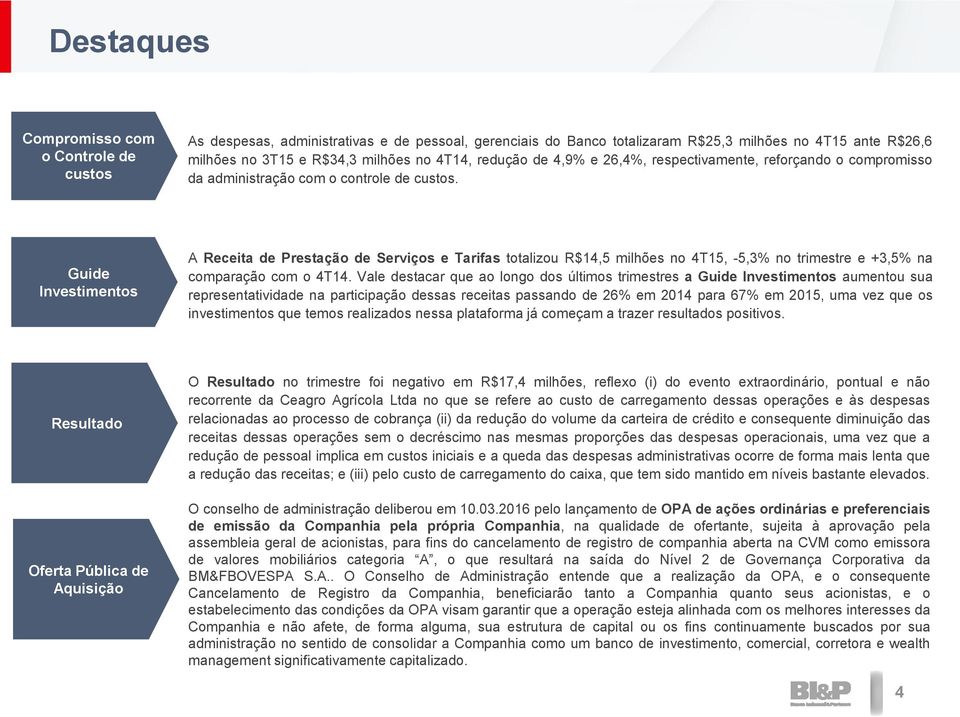 Guide Investimentos A Receita de Prestação de Serviços e Tarifas totalizou R$14,5 milhões no 4T15, -5,3% no trimestre e +3,5% na comparação com o 4T14.