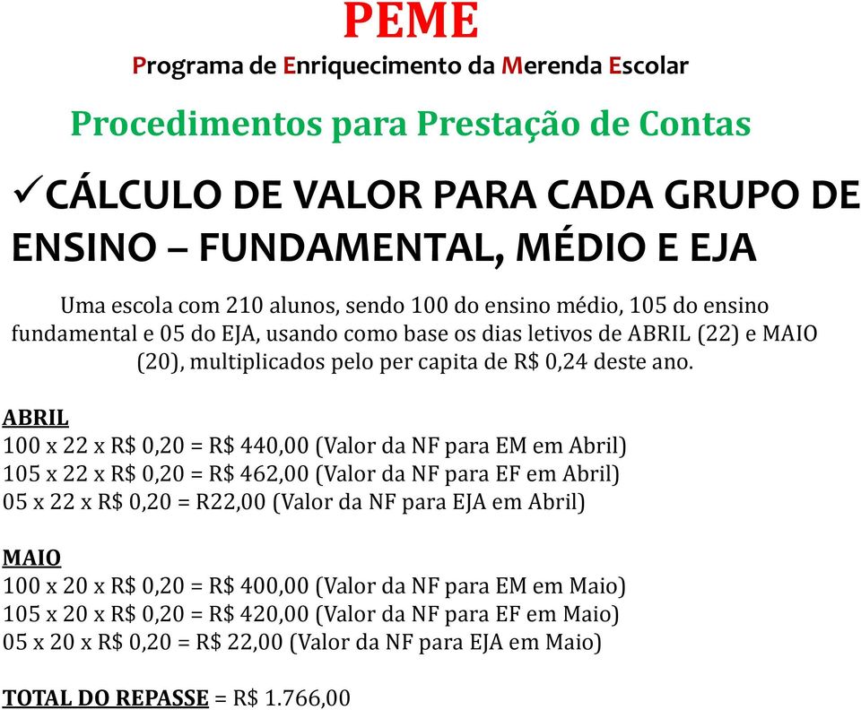 ABRIL 100 x 22 x R$ 0,20 = R$ 440,00 (Valor da NF para EM em Abril) 105 x 22 x R$ 0,20 = R$ 462,00 (Valor da NF para EF em Abril) 05 x 22 x R$ 0,20 = R22,00 (Valor da NF