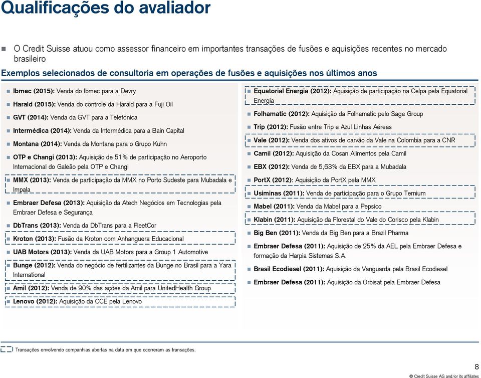 Intermédica (2014): Venda da Intermédica para a Bain Capital Montana (2014): Venda da Montana para o Grupo Kuhn OTP e Changi (2013): Aquisição de 51% de participação no Aeroporto Internacional do