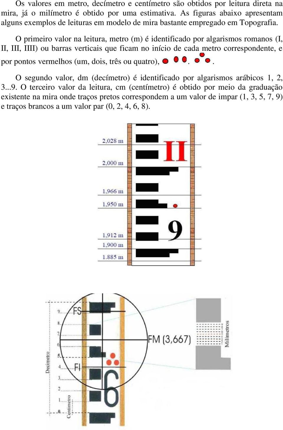 O primeiro valor na leitura, metro (m) é identificado por algarismos romanos (I, II, III, IIII) ou barras verticais que ficam no início de cada metro correspondente, e por pontos