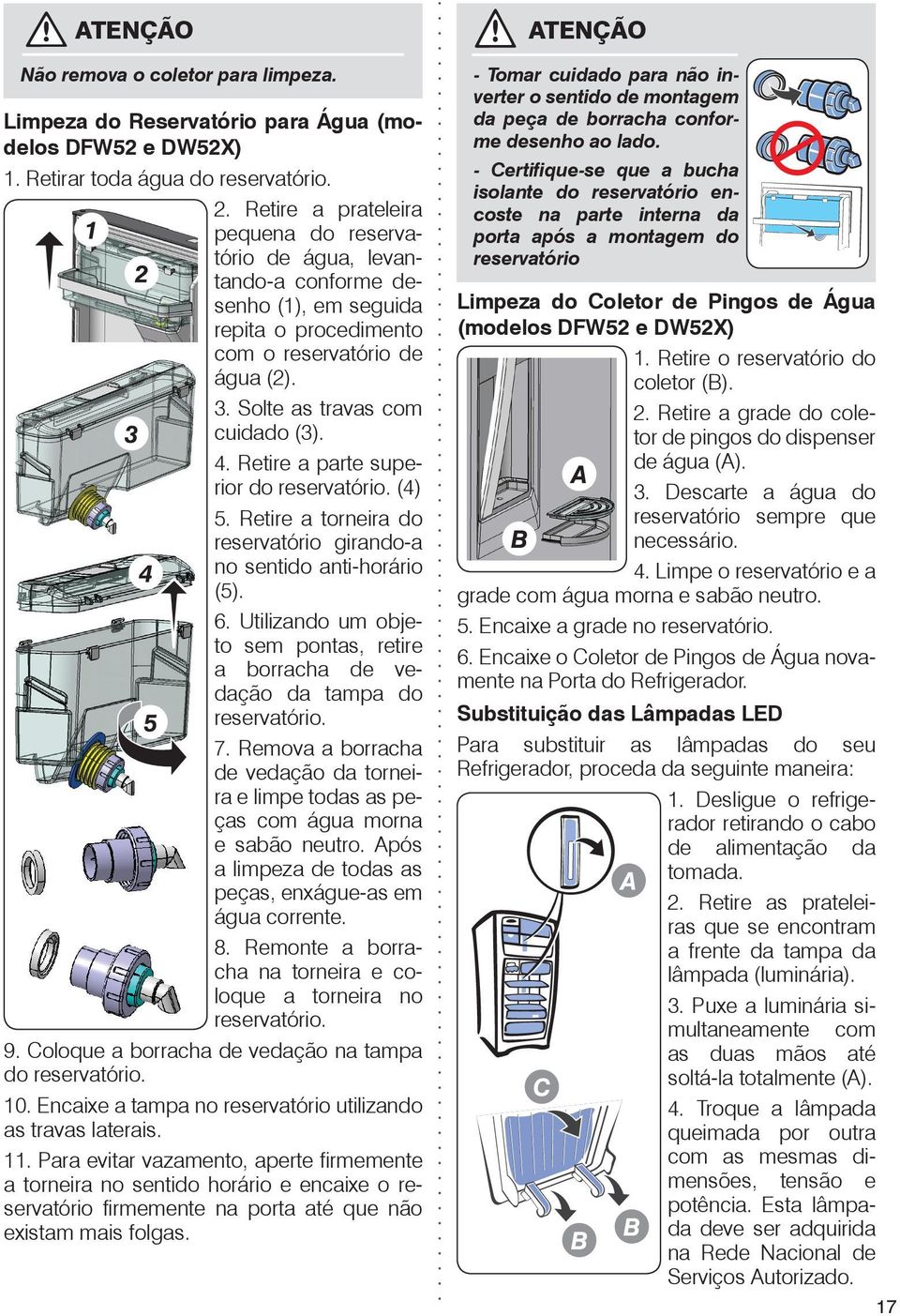 Retire a parte superior do reservatório. (4) 5. Retire a torneira do reservatório girando-a no sentido anti-horário (5). 6.