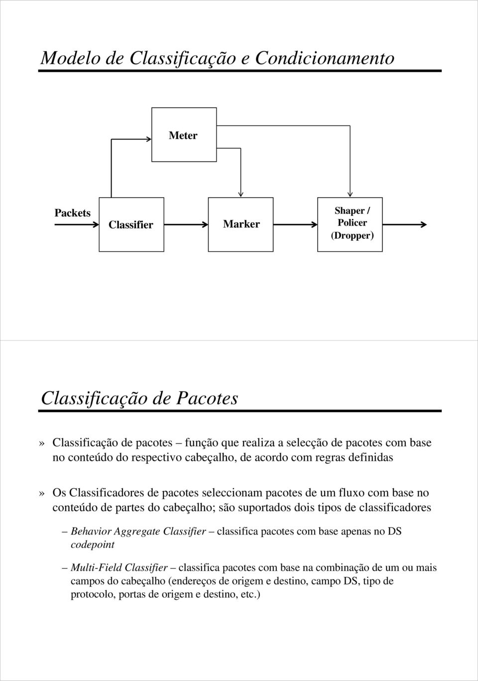 conteúdo de partes do cabeçalho; são suportados dois tipos de classificadores Behavior Aggregate Classifier classifica pacotes com base apenas no DS codepoint Multi-Field