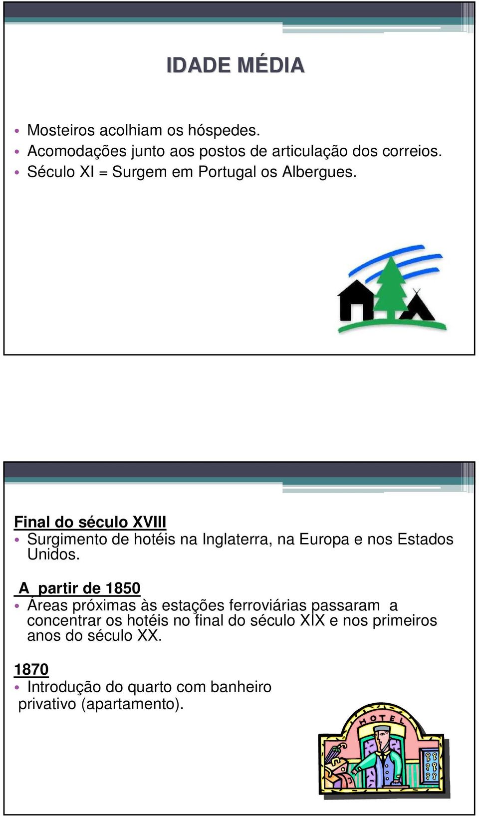 Final do século XVIII Surgimento de hotéis na Inglaterra, na Europa e nos Estados Unidos.