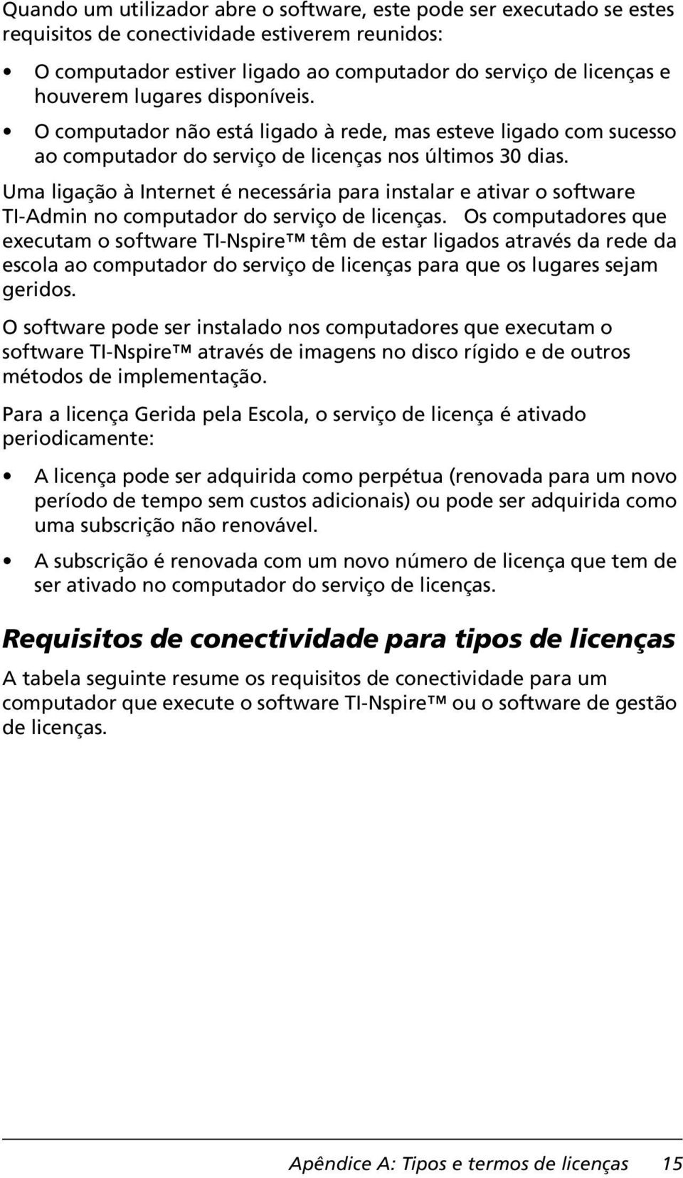 Uma ligação à Internet é necessária para instalar e ativar o software TI-Admin no computador do serviço de licenças.