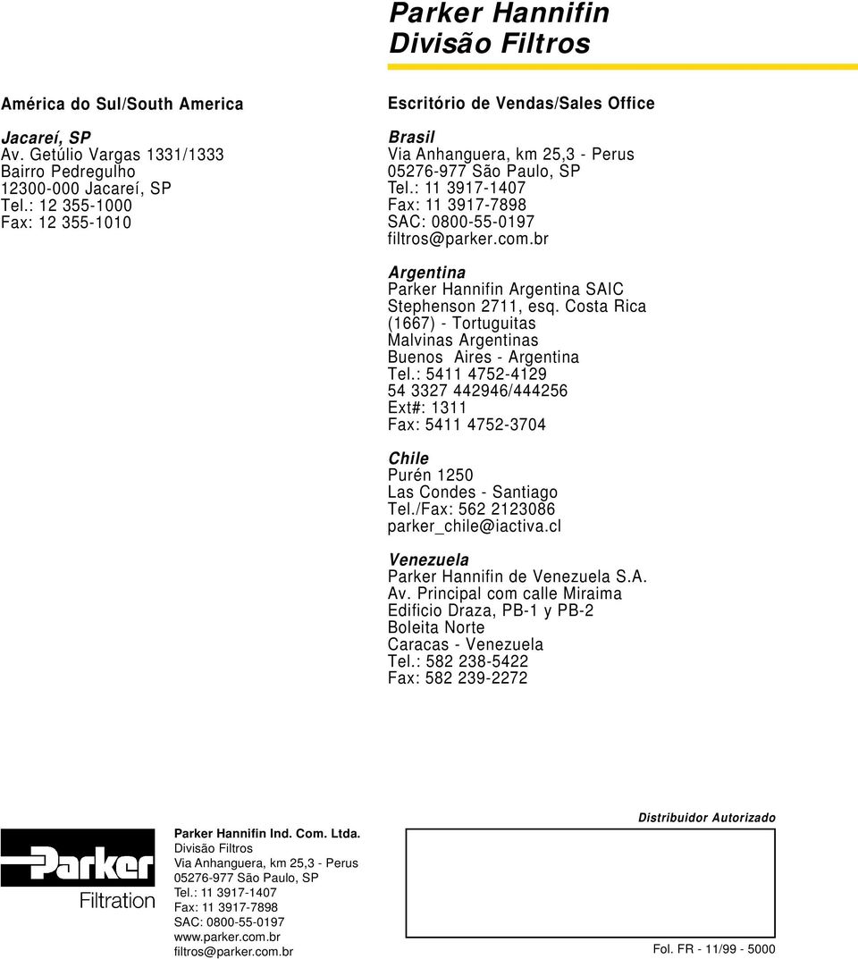 com.br Argentina Parker Hannifin Argentina SAIC Stephenson 2711, esq. Costa Rica (1667) - Tortuguitas Malvinas Argentinas Buenos Aires - Argentina Tel.