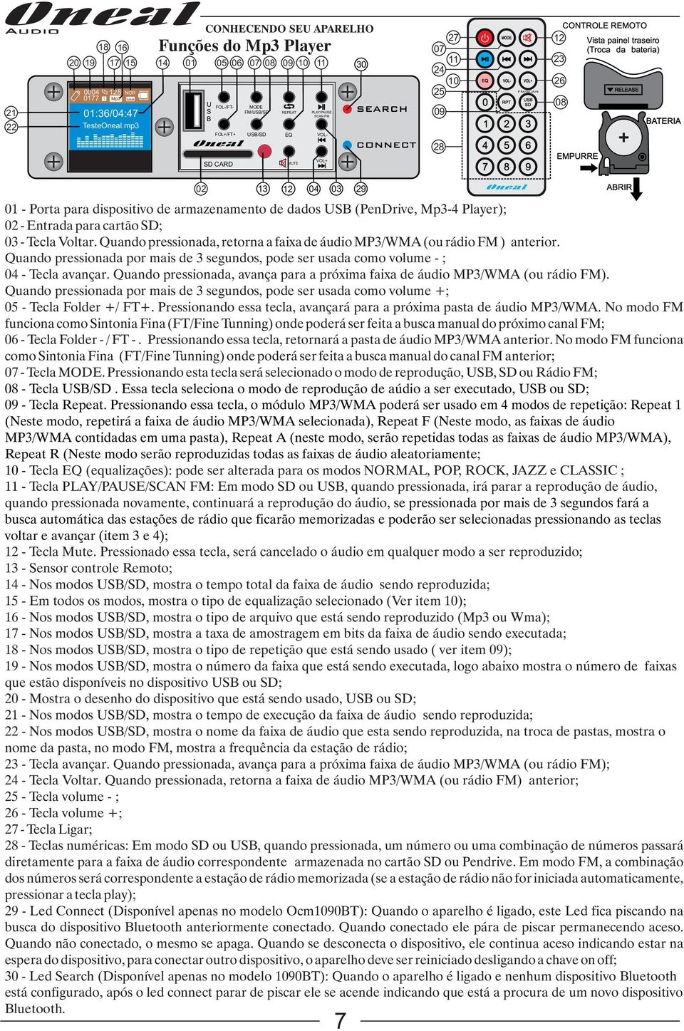 EQ VOL- VOL+ FM/SCAN 0 USB RPT SD 1 2 3 4 5 6 7 8 9 CONTROLE REMOTO 12 Vista painel traseiro (Troca da bateria) 23 26 08 EMPURRE RELEASE BATERIA 02 13 12 04 03 7 01 - Porta para dispositivo de