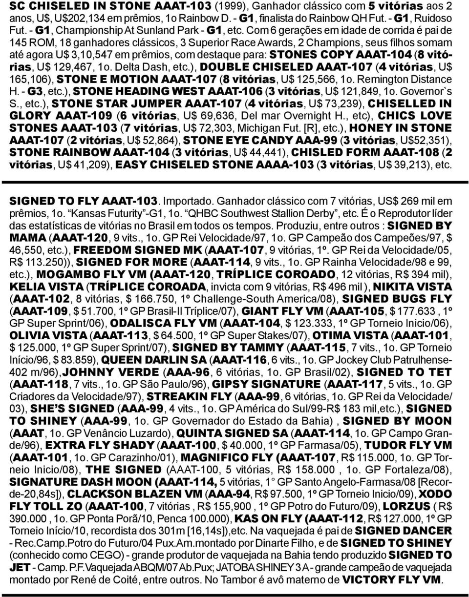 Com 6 gerações em idade de corrida é pai de 145 ROM, 18 ganhadores clássicos, 3 Superior Race Awards, 2 Champions, seus filhos somam até agora U$ 3,10,547 em prêmios, com destaque para: STONES COPY