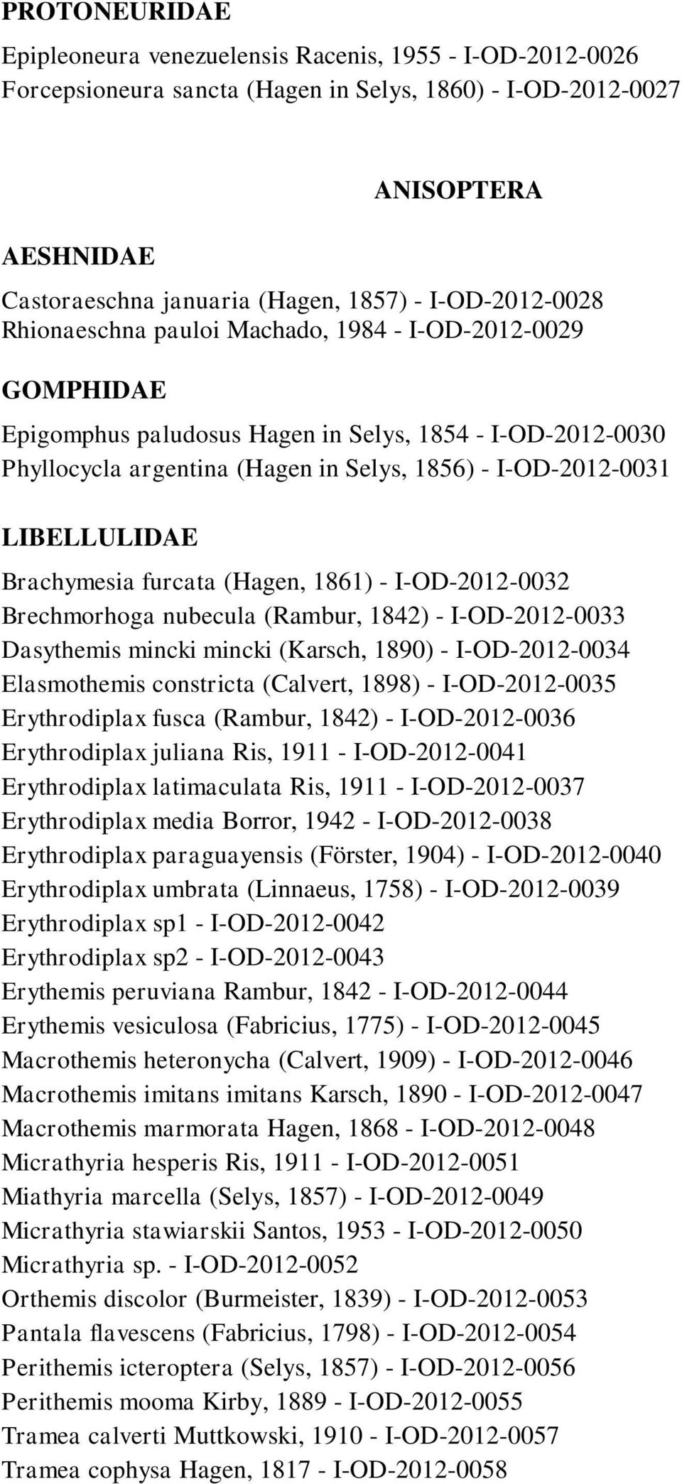 LIBELLULIDAE Brachymesia furcata (Hagen, 1861) - I-OD-2012-0032 Brechmorhoga nubecula (Rambur, 1842) - I-OD-2012-0033 Dasythemis mincki mincki (Karsch, 1890) - I-OD-2012-0034 Elasmothemis constricta